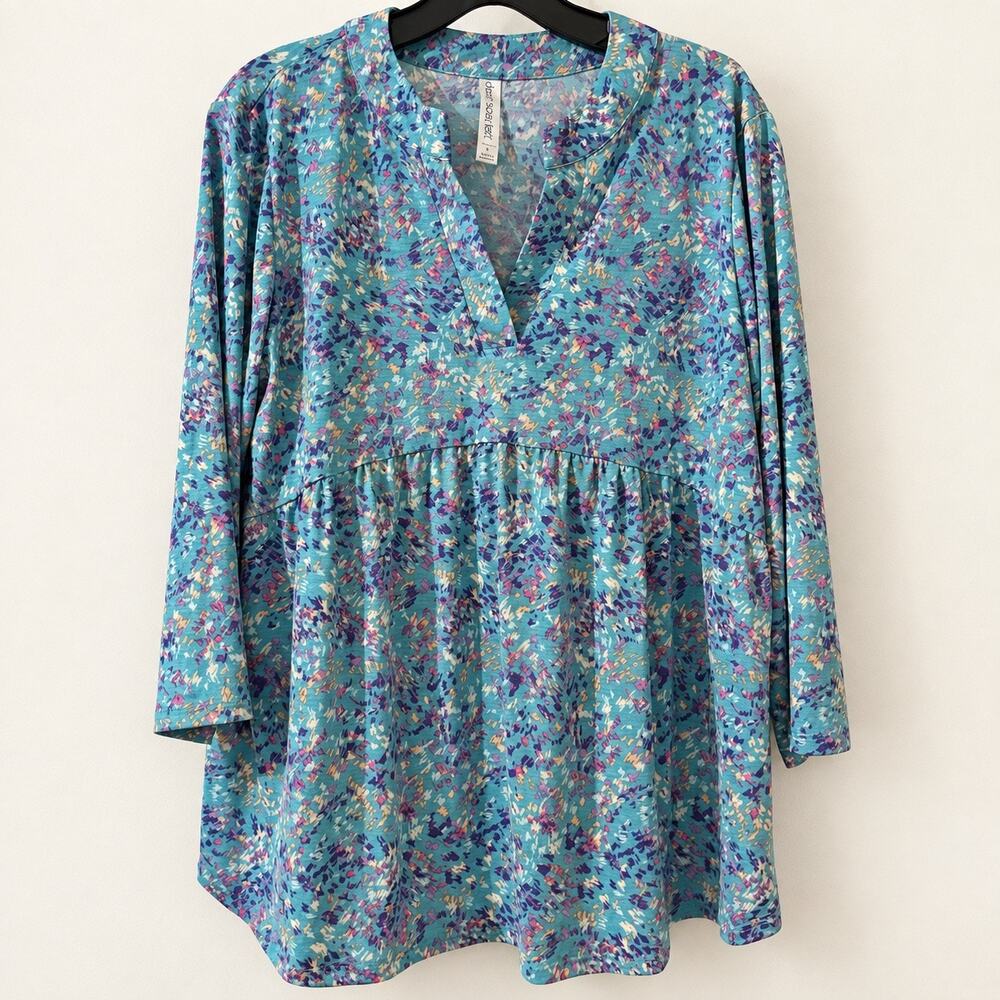Dear Scarlett L Turquoise Abstract Print Babydoll Tunic Top Long Sleeve